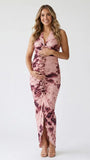 blush pink floral halter maternity dress with 3d flower detail and ruched silhouette for baby shower