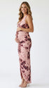 blush pink floral halter maternity dress with 3d flower detail and ruched silhouette for baby shower