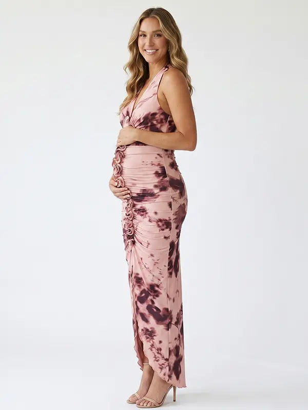 blush pink floral halter maternity dress with 3d flower detail and ruched silhouette for baby shower