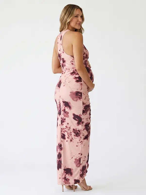 blush pink floral halter maternity dress with 3d flower detail and ruched silhouette for baby shower
