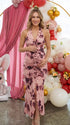 blush pink floral halter maternity dress with 3d flower detail and ruched silhouette for baby shower