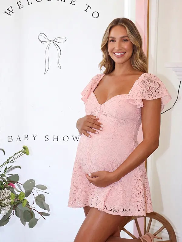 Blush Pink Lace Maternity Mini Dress with Flutter Sleeves for Baby Shower