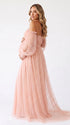 Blush Maternity Photoshoot Dress, Romantic Off Shoulder Swiss Dot Gown for Baby Shower and Gender Reveal | Bumplook