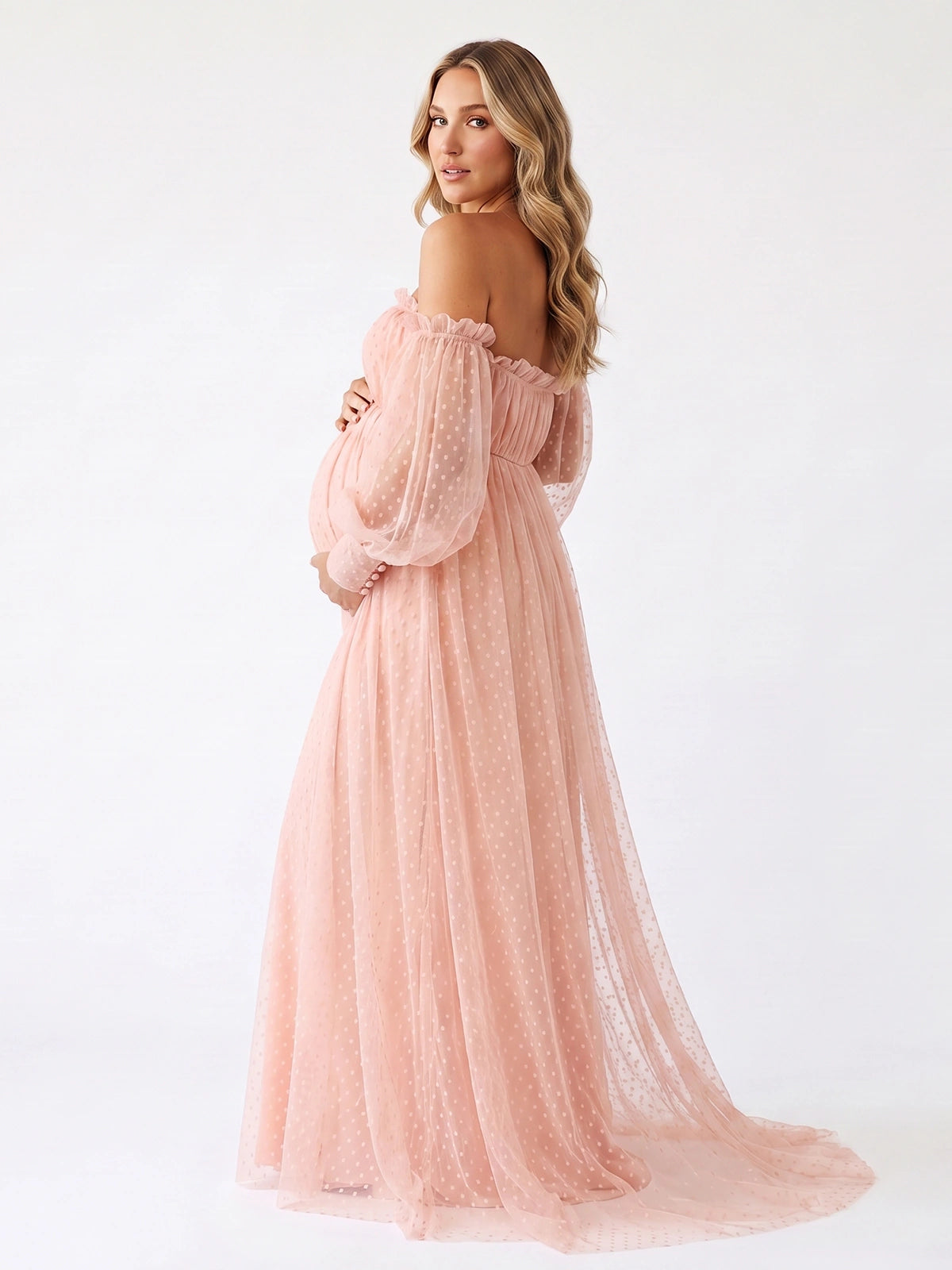 Blush Maternity Photoshoot Dress, Romantic Off Shoulder Swiss Dot Gown for Baby Shower and Gender Reveal | Bumplook