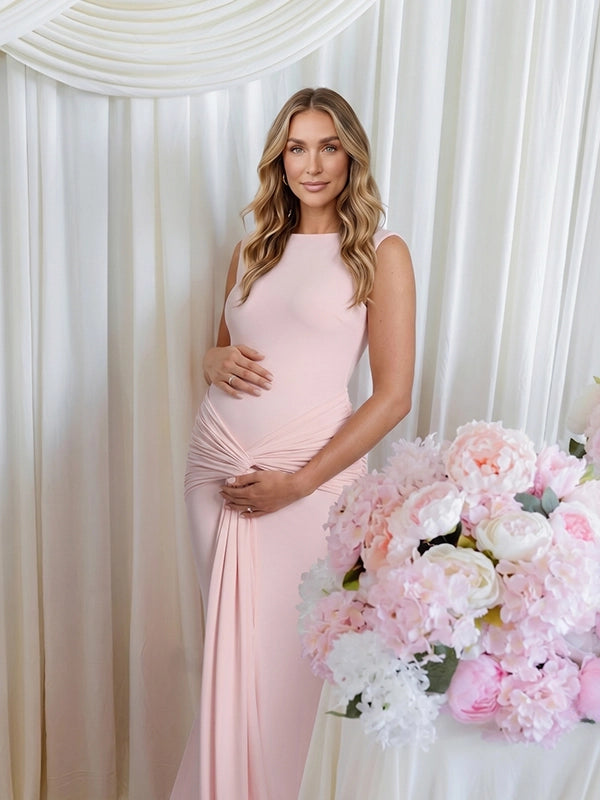 Blush Pink Maternity Photoshoot Dress with Elegant Fitted Silhouette | Bumplook