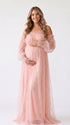 Blush Pink Off Shoulder Maternity Photoshoot Dress with Sheer Long Sleeves and Flowing Floor Length Skirt | Bumplook