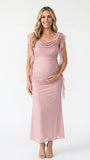 blush pink mesh maternity gown with draped cowl neckline and cascading ruffle sleeves