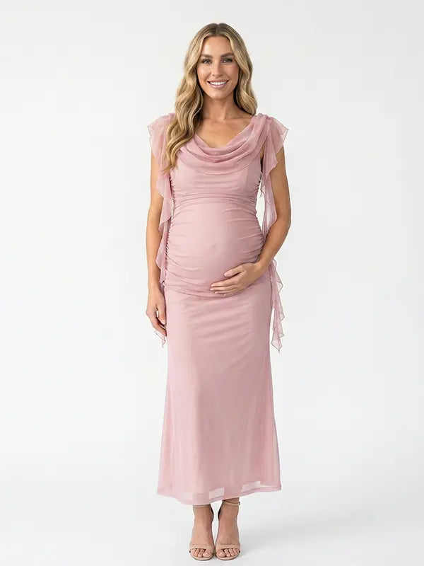blush pink mesh maternity gown with draped cowl neckline and cascading ruffle sleeves
