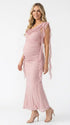 blush pink mesh maternity gown with draped cowl neckline and cascading ruffle sleeves