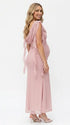 blush pink mesh maternity gown with draped cowl neckline and cascading ruffle sleeves