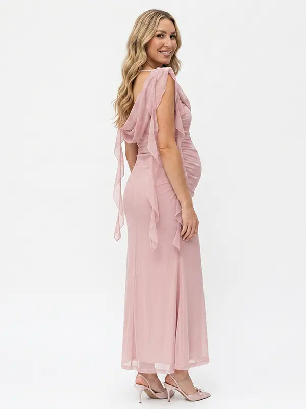 blush pink mesh maternity gown with draped cowl neckline and cascading ruffle sleeves