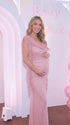 blush pink mesh maternity gown with draped cowl neckline and cascading ruffle sleeves