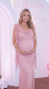blush pink mesh maternity gown with draped cowl neckline and cascading ruffle sleeves
