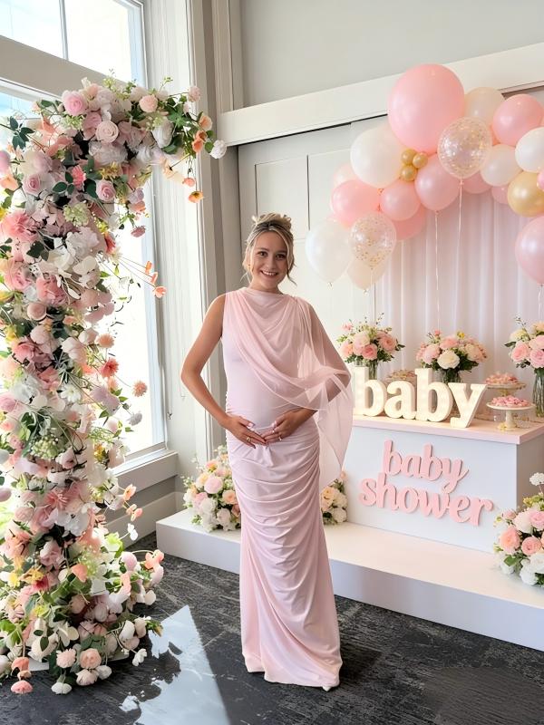 Blush Pink One Shoulder Bodycon Maternity Dress for Baby Shower