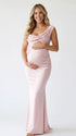 blush pink one shoulder satin maternity maxi dress with lace up corset back