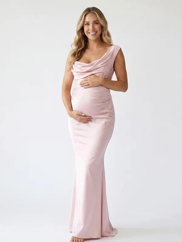 blush pink one shoulder satin maternity maxi dress with lace up corset back