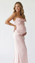 blush pink one shoulder satin maternity maxi dress with lace up corset back