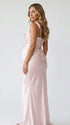 blush pink one shoulder satin maternity maxi dress with lace up corset back