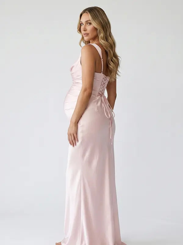 blush pink one shoulder satin maternity maxi dress with lace up corset back