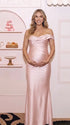 blush pink one shoulder satin maternity maxi dress with lace up corset back