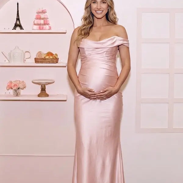 blush pink one shoulder satin maternity maxi dress with lace up corset back