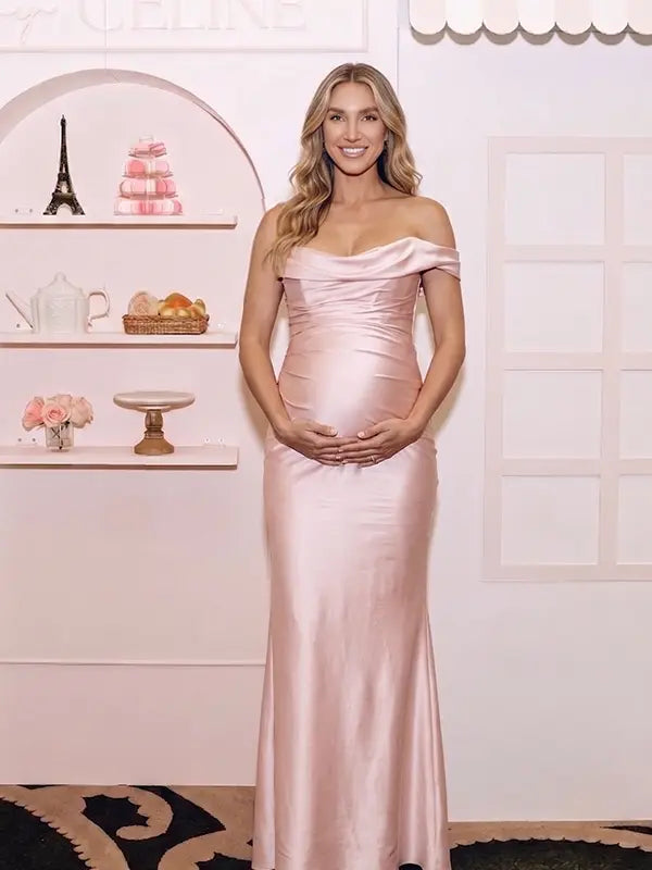 blush pink one shoulder satin maternity maxi dress with lace up corset back