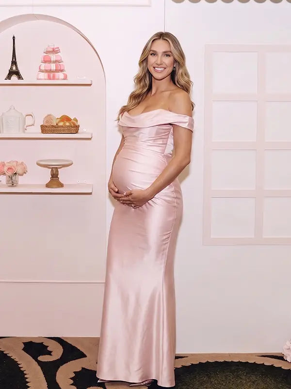blush pink one shoulder satin maternity maxi dress with lace up corset back