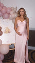 Blush Pink Open Back Maternity Photoshoot Dress, Satin Pregnancy Gown for Outdoor Maternity Photos and Romantic Special Events | Bumplook