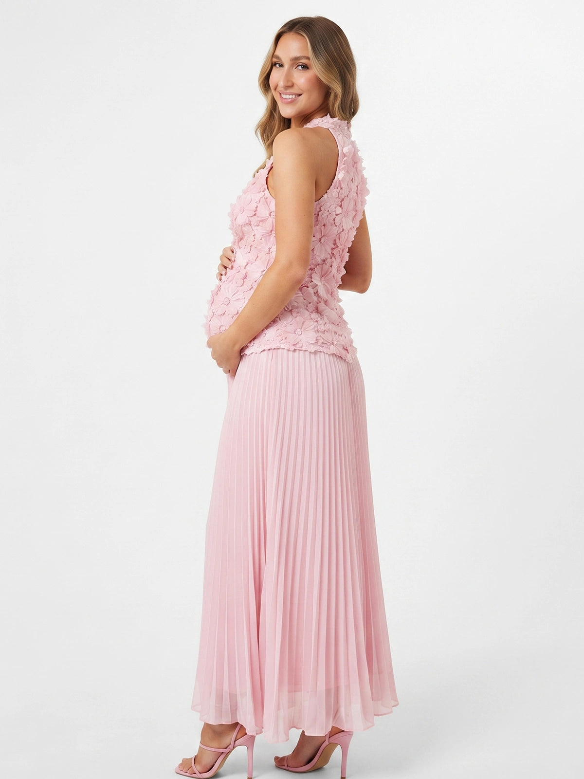 Blush Pink Maternity Photoshoot Dress with Floral Bodice | Bumplook