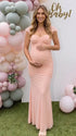 Blush Pink Ruched Mesh Maternity Maxi Dress for Baby Shower and Pregnancy Photoshoot
