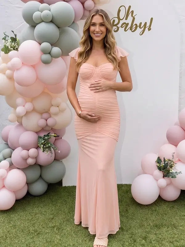 Blush Pink Ruched Mesh Maternity Maxi Dress for Baby Shower and Pregnancy Photoshoot