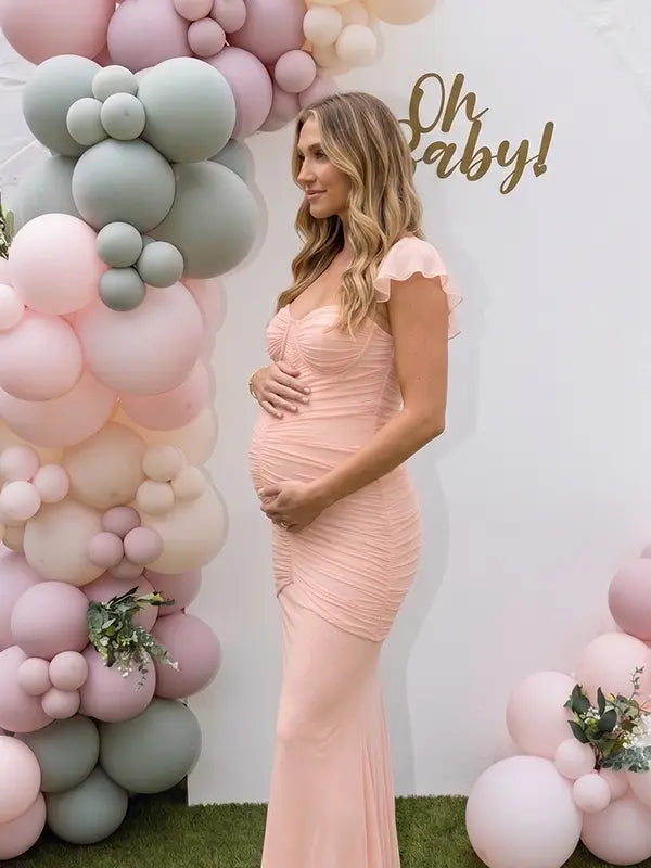 Blush Pink Ruched Mesh Maternity Maxi Dress for Baby Shower and Pregnancy Photoshoot