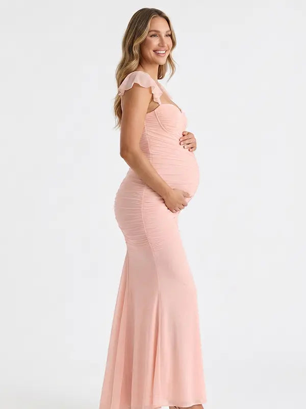 Blush Pink Ruched Mesh Maternity Maxi Dress for Baby Shower and Pregnancy Photoshoot
