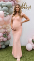 Blush Pink Ruched Mesh Maternity Maxi Dress for Baby Shower and Pregnancy Photoshoot