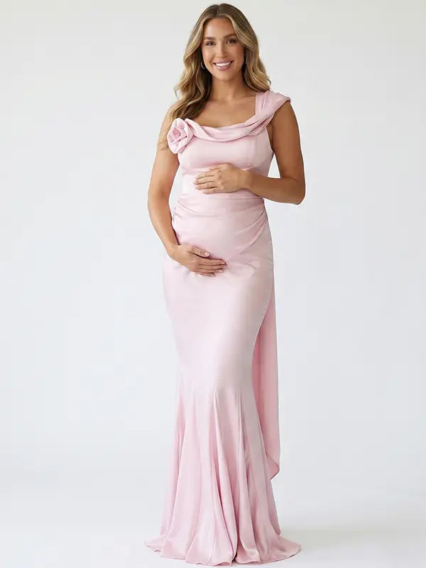 Blush Pink Satin One Shoulder Boned Corset Maternity Mermaid Gown