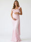 Blush Pink Satin One Shoulder Maternity Mermaid Gown with Floral Detail & Boned Corset