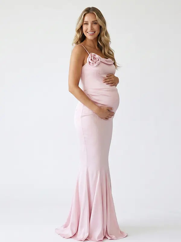 Blush Pink Satin One Shoulder Boned Corset Maternity Mermaid Gown