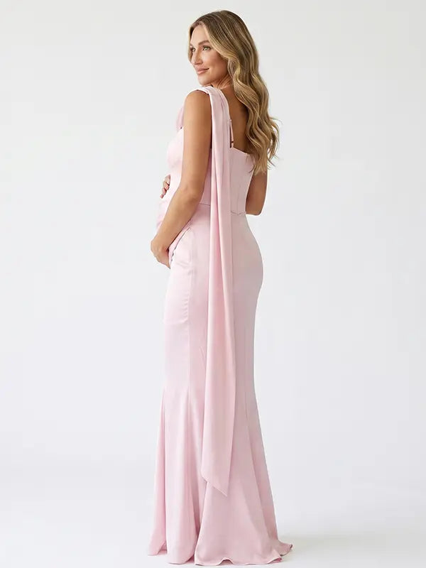 Blush Pink Satin One Shoulder Boned Corset Maternity Mermaid Gown