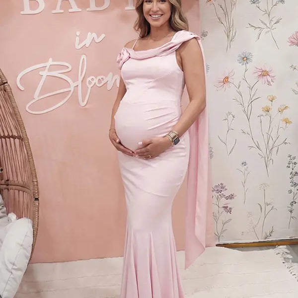 Blush Pink Satin One Shoulder Boned Corset Maternity Mermaid Gown