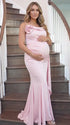 Blush Pink Satin One Shoulder Boned Corset Maternity Mermaid Gown