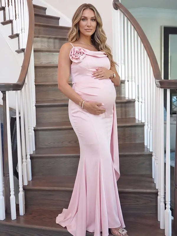 Blush Pink Satin One Shoulder Boned Corset Maternity Mermaid Gown