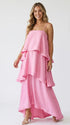 blush pink tiered ruffle maternity maxi dress with flowy layers and spaghetti straps
