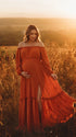 Burnt Orange Maternity Dress, Off Shoulder Maxi Dress for Baby Shower, Maternity Photoshoot, Gender Reveal, Pregnancy Announcement, Wedding Guest, Formal Events | Bumplook