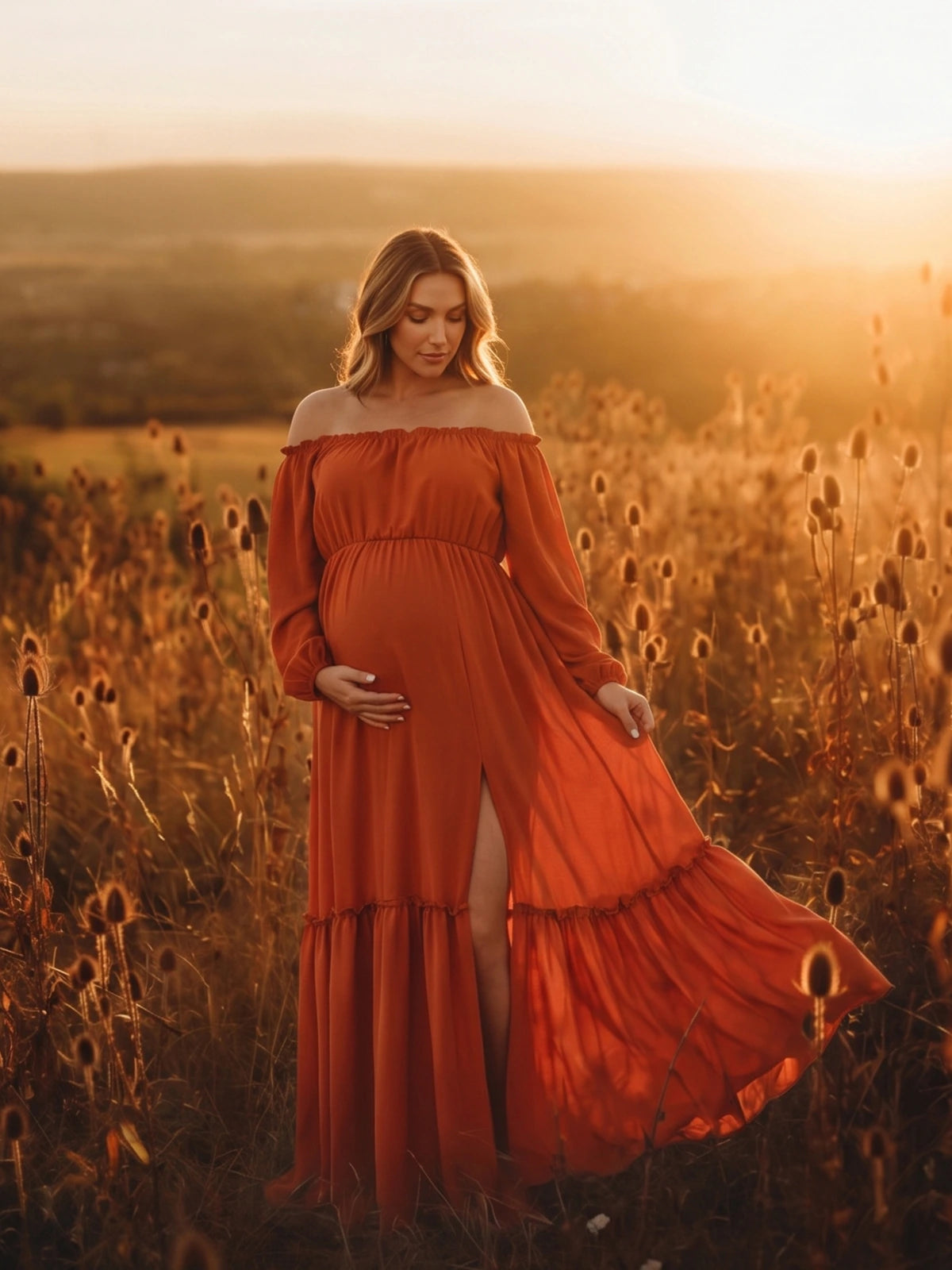 Burnt Orange Maternity Dress, Off Shoulder Maxi Dress for Baby Shower, Maternity Photoshoot, Gender Reveal, Pregnancy Announcement, Wedding Guest, Formal Events | Bumplook
