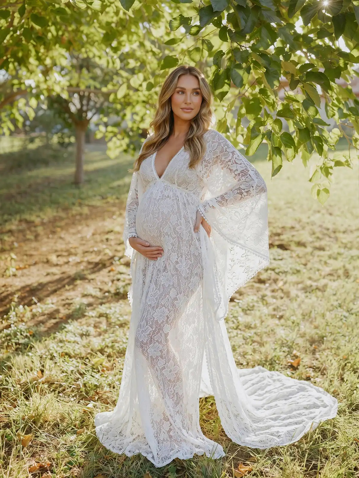 White Lace Maternity Photoshoot Gown, Boho Pregnancy Dress for Baby Shower, Maternity Photoshoot, Pregnancy Announcement, Bridal Shower, Formal Events | Bumplook