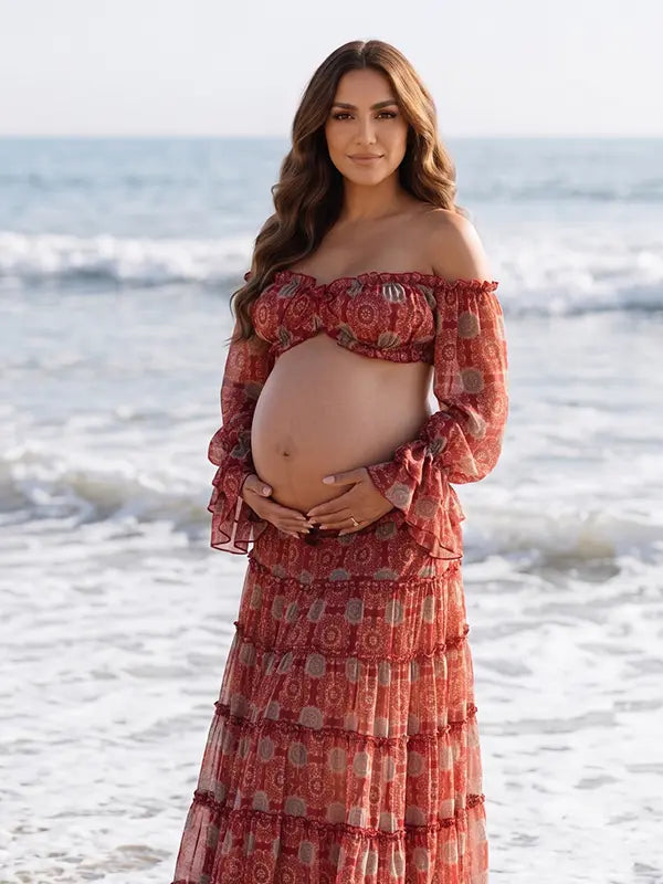 Boho Maternity Dress Set, Two Piece Pregnancy Outfit for Beach Maternity Photoshoot, Babymoon, Pregnancy Announcement, Outdoor Photoshoot | Bumplook