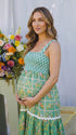 Green Boho Maternity Dress with Adjustable Lace Up Back | Bumplook