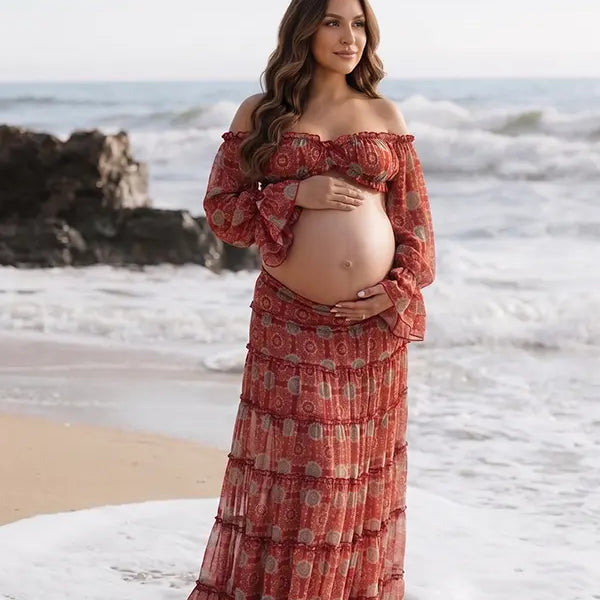 Boho Maternity Dress Set, Two Piece Pregnancy Outfit for Beach Maternity Photoshoot, Babymoon, Pregnancy Announcement, Outdoor Photoshoot | Bumplook