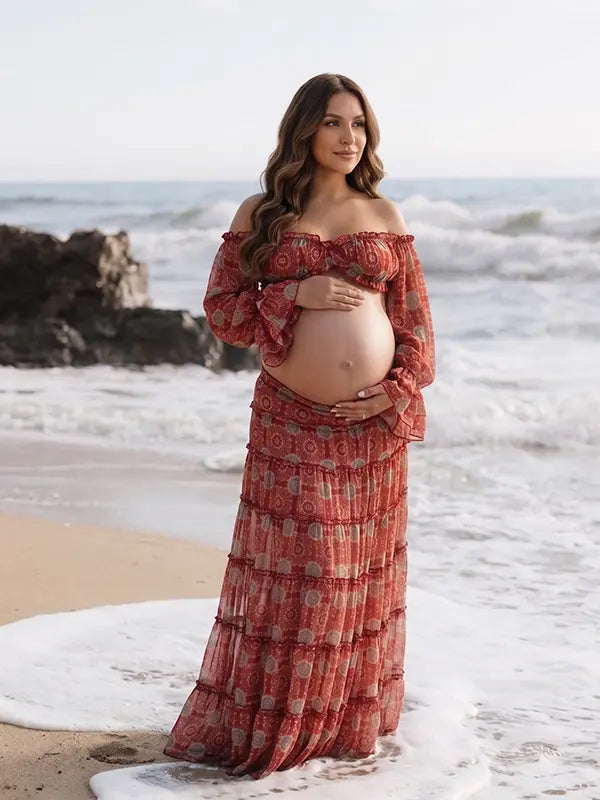 Boho Maternity Dress Set, Two Piece Pregnancy Outfit for Beach Maternity Photoshoot, Babymoon, Pregnancy Announcement, Outdoor Photoshoot | Bumplook