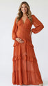 burnt orange lace trim maternity maxi dress with long sleeves and flowing tiered skirt